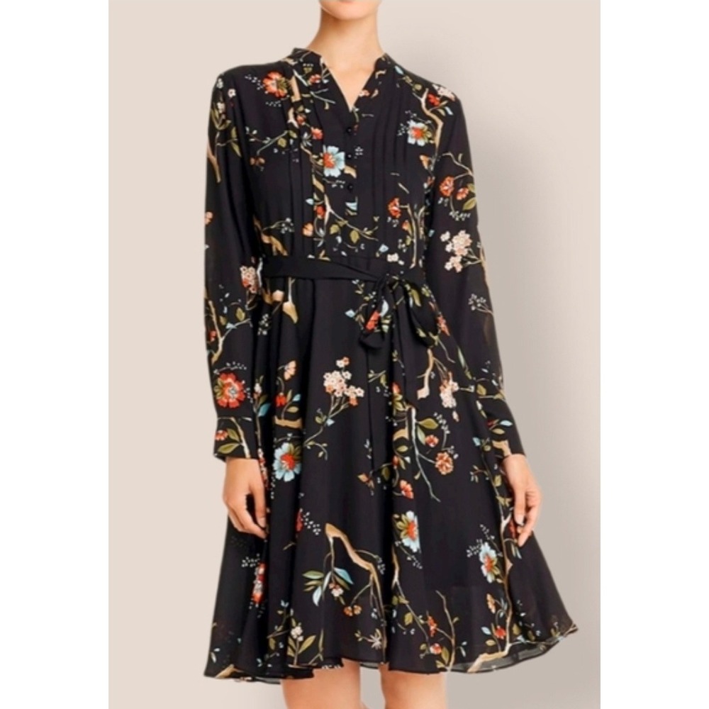 Nanette Lepore Black Dress Size 10‎ Floral Prairie Midi Pintuck Belted Flare